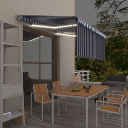 Manual Retractable Awning with Blind&LED 118.1"x98.4" Blue&White