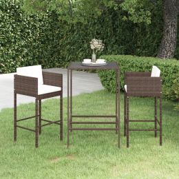 3 Piece Patio Bar Set with Cushions Poly Rattan Brown