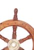 18" Teak Wood Ship Wheel with Brass Inset and Six Spokes; Brown and Gold
