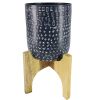 Alex 8 Inch Artisanal Industrial Round Hammered Metal Planter Pot with Wood Arch Stand; Midnight Blue; DunaWest