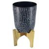 Alex 8 Inch Artisanal Industrial Round Hammered Metal Planter Pot with Wood Arch Stand; Midnight Blue; DunaWest