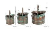 Green Tinged Metal Bucket Planter With Handles; Set of 3