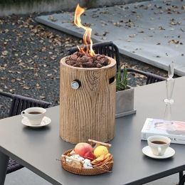 Outdoor 10inch  Round Concrete Tabletop Gas Firebowl, 10,000 BTU (Color: Round-Wood Pattern Brown)