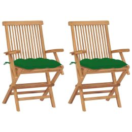 Garden Chairs with Green Cushions 2 pcs Solid Teak Wood (Color: Green)